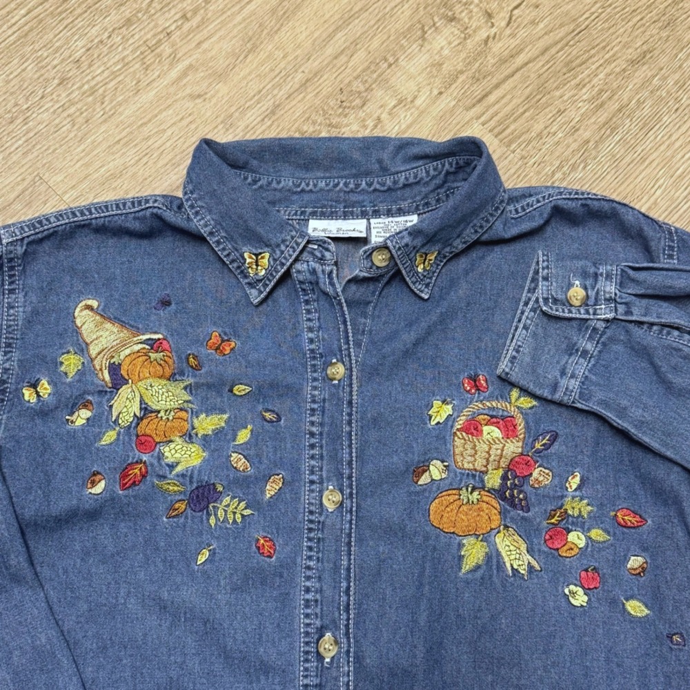 Bobbie Brooks Woman Denim Shirt Embroidered Fall Harvest Pumpkin Blue 14W/16W